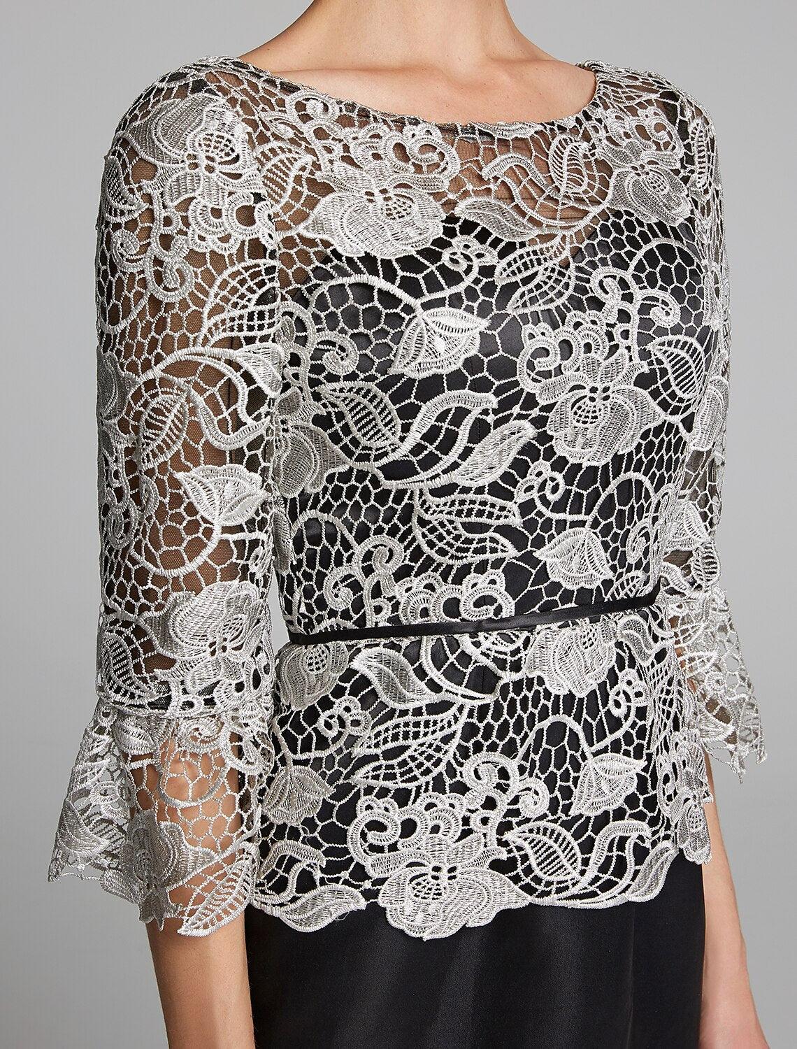 Vestido de mãe da noiva com bainha/coluna, decote em joia, comprimento até ao chão, cetim com renda, manga 3/4 com renda