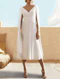 Elegantes Kleid, halbformell, teelang, kurzärmelig, V-Ausschnitt, Chiffon für Hochzeitsgäste im Herbst mit Schal, Cocktailkleider