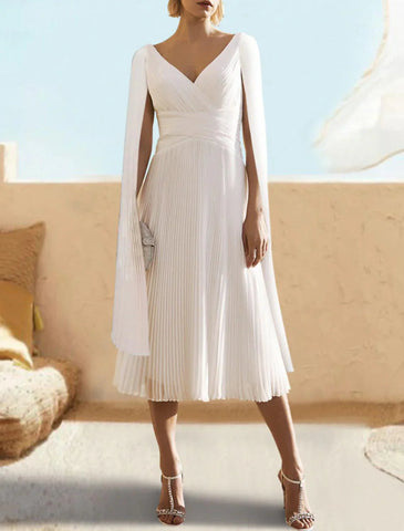 Elegantes Kleid, halbformell, teelang, kurzärmelig, V-Ausschnitt, Chiffon für Hochzeitsgäste im Herbst mit Schal, Cocktailkleider