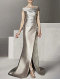 Vestido de cerimónia para convidados de casamento, elegante, decote redondo, ombro exterior, comprimento até ao tornozelo, cetim italiano, manga curta com franzido, para mãe da noiva
