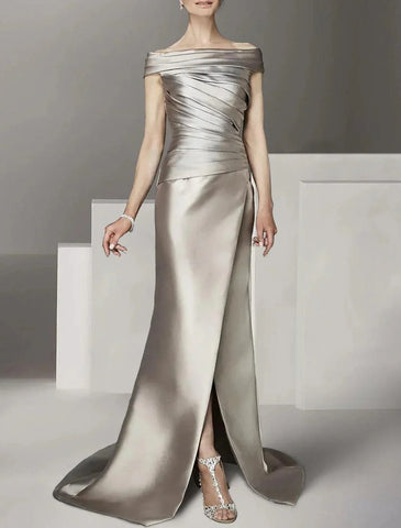 Formeller Hochzeitsgast, elegant, U-Ausschnitt, schulterfrei, bodenlang, knöchellang, italienischer Satin, Flügelärmel mit Rüschen, Kleid für die Brautmutter
