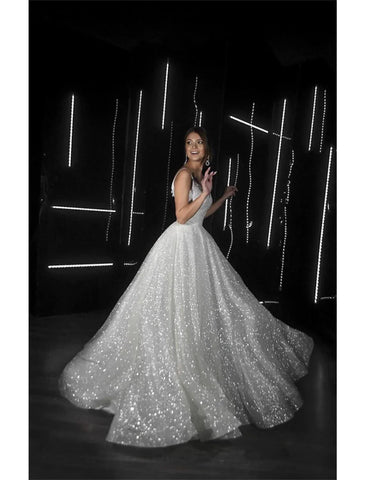 Vestidos de noiva casuais Hall Sparkle &amp; Shine, corte A, camisola, decote em V, alças finas, cauda longa, lantejoulas, cor sólida, festa de casamento, verão, outono