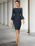 Vestido de mãe da noiva de duas peças, estilo coluna, formal, para festa de casamento, elegante, ombro de fora, comprimento até ao joelho, chiffon, renda, imitação de seda, manga 3/4 com laço(s)