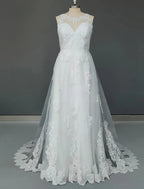 Engagement Formal Wedding Dresses Court Train A-Line Sleeveless Jewel Neck Tulle With Appliques