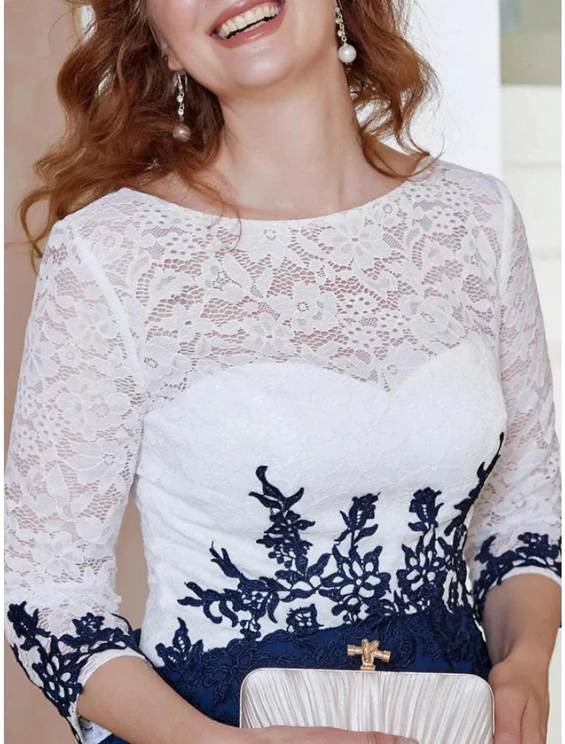 Vestido de mãe da noiva em linha A da Numbersea, elegante, decote redondo, comprimento até ao tornozelo, chiffon, manga 3/4 com renda