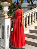 Abito da Sera Formale Lungo fino al Pavimento in Chiffon Senza Schienale con Scollatura a V e Linea a A di Colore Rosso per Ballo di Fine Anno
