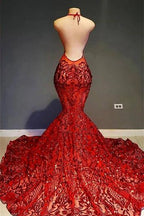 Red Long Halter Mermaid Lace Open Back Formal Prom Dress