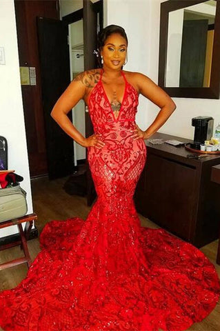 Red Long Halter Mermaid Lace Open Back Formal Prom Dress