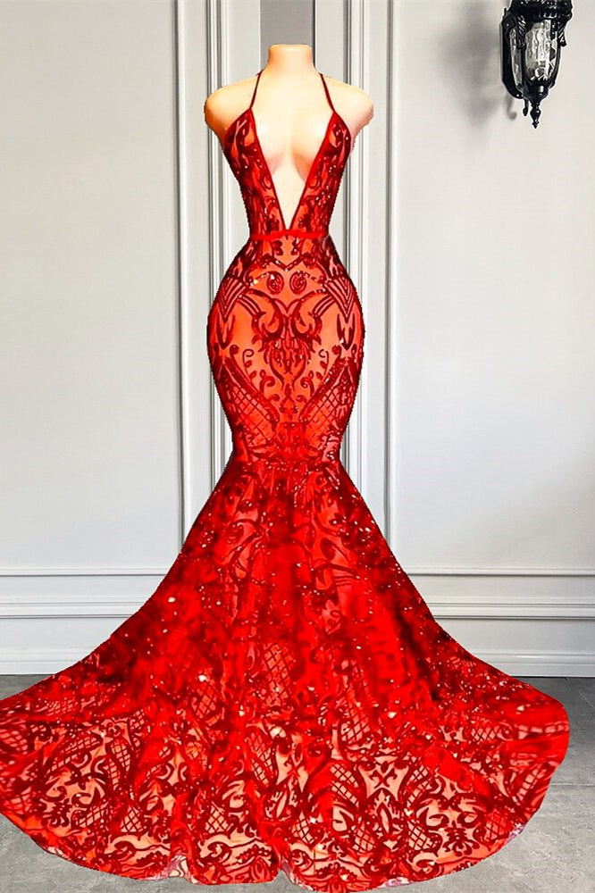 Red Long Halter Mermaid Lace Open Back Formal Prom Dress