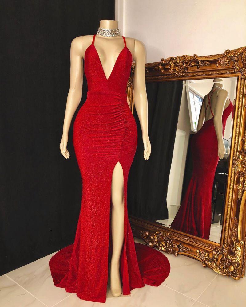 Red Long Mermaid V-neck Halter Sleeveless Prom Dress with Split
