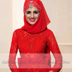 NumberSea Red Hijab Wedding Dress Elegant Long Sleeve O Neck
