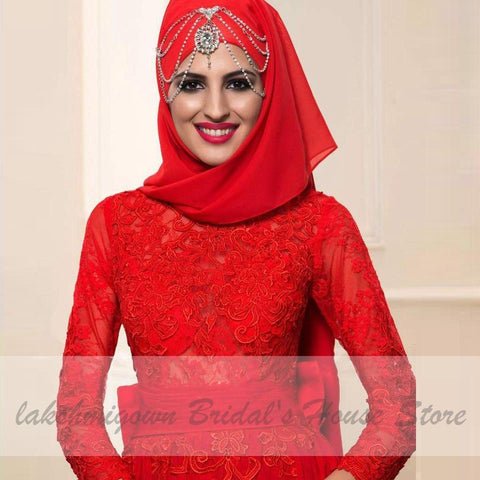 NumberSea Rotes Hijab-Hochzeitskleid, elegant, langärmelig, O-Ausschnitt