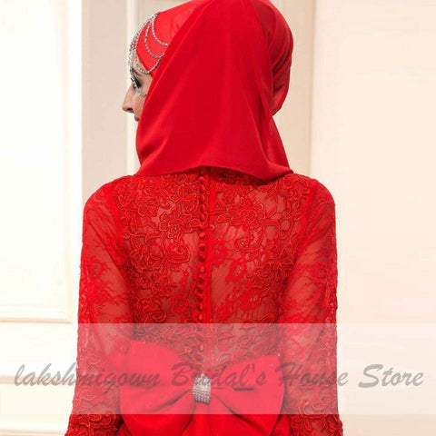 NumberSea Rotes Hijab-Hochzeitskleid, elegant, langärmelig, O-Ausschnitt