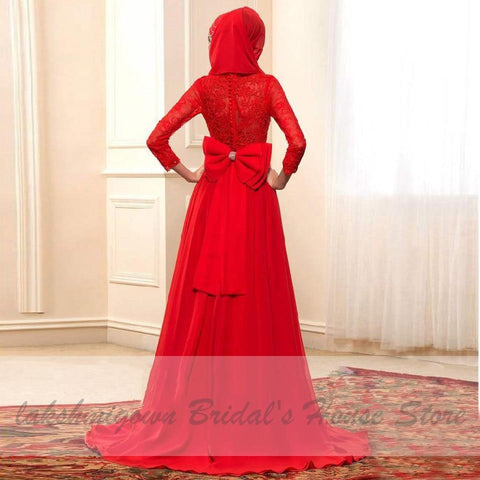 NumberSea Rotes Hijab-Hochzeitskleid, elegant, langärmelig, O-Ausschnitt