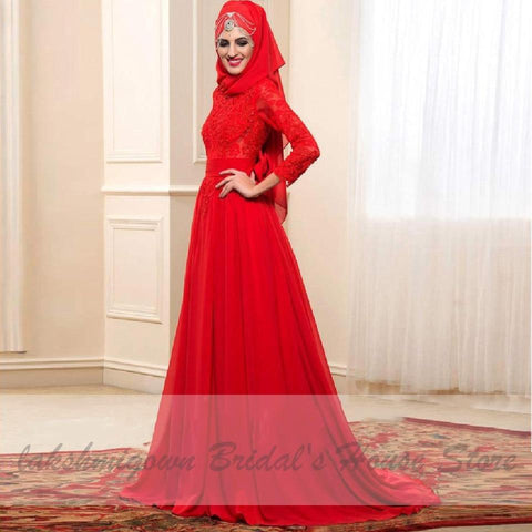 NumberSea Rotes Hijab-Hochzeitskleid, elegant, langärmelig, O-Ausschnitt