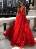 Vestidos de baile compridos vermelhos, corte A, decote em V, tule, renda, costas nuas, com bolsos