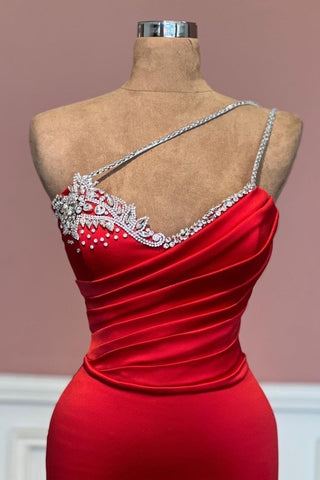 Red Long Mermaid Satin Sleeveless One Shoulder Prom Dress