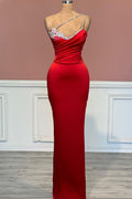 Vestido de Fiesta Largo Rojo de Sirena en Satin sin Mangas con un Solo Hombro