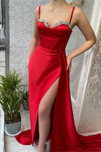 Red Long Mermaid Spaghetti Strap Satin Prom Dresses with High Slit