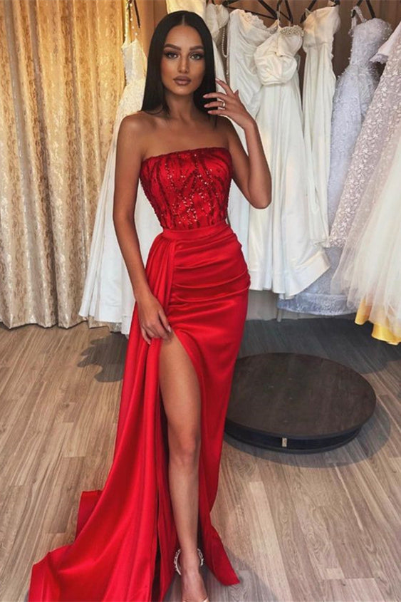 Red Long Mermaid Strapless Satin Formal Prom Dress with High Split
