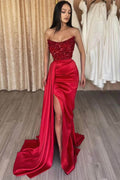 Vestido de Fiesta Largo Rojo de Sirena Sin Tirantes en Satén con Abertura