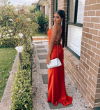 Red Long Mermaid V-neck Backless Evening Prom Dress with Slit