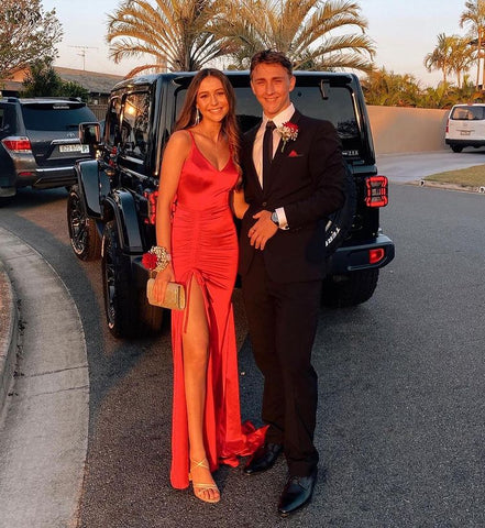Red Long Mermaid V-neck Backless Evening Prom Dress with Slit