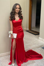 Red Long Mermaid V-neck Backless Evening Prom Dress with Slit