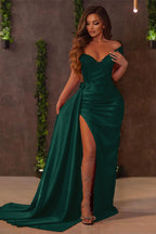 Vestido de festa comprido verde escuro com decote em coração e folhos, estilo sereia, em cetim e racha