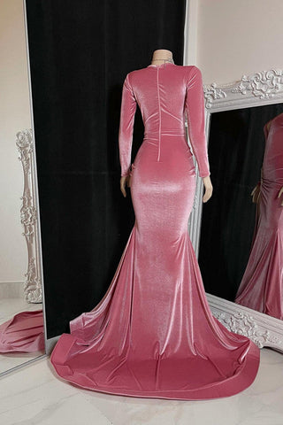 Long Sleeves Simple Velvet Mermaid V-neck Prom Dress with High Slit