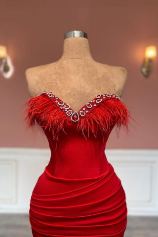 Red Mermaid Long Sleeveless Sweetheart Satin Prom Dress with Tassel Decoration