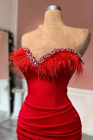 Red Mermaid Long Sleeveless Sweetheart Satin Prom Dress with Tassel Decoration