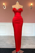 Vestido de Fiesta de Sirena Rojo Largo Sin Mangas con Escote de Corazón en Satén y Adorno de Borlas