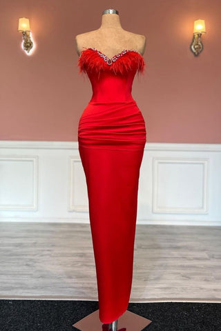 Red Mermaid Long Sleeveless Sweetheart Satin Prom Dress with Tassel Decoration