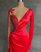 Red Long Sleeves Mermaid V-neck Satin Lace Evening Dresses with Slit