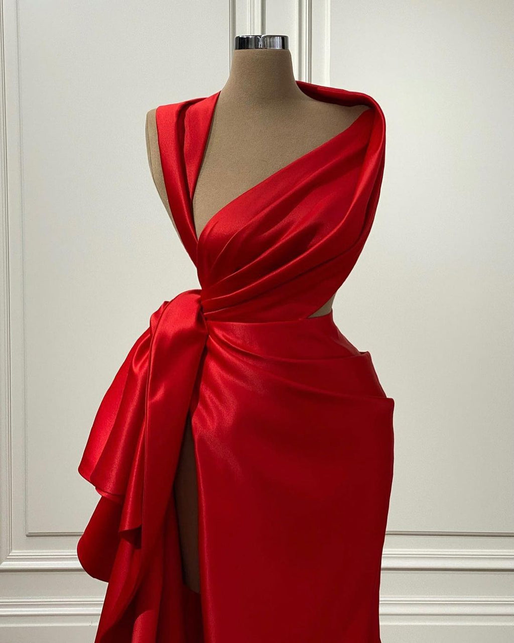 Red Mermaid  Draped Satin Floor Length Prom Gown with Slit