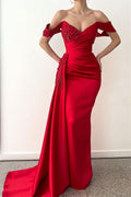 Vestido de gala largo rojo sirena de satén con hombro descubierto y volantes