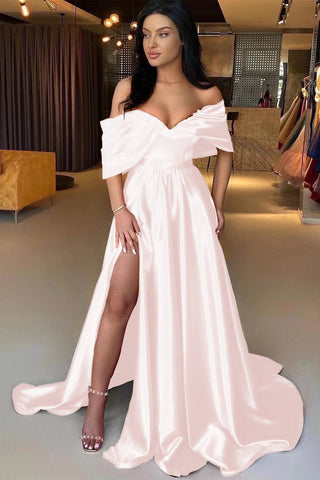 Red Long Off The Shoulder A-Line Satin Formal Prom Dress with Split