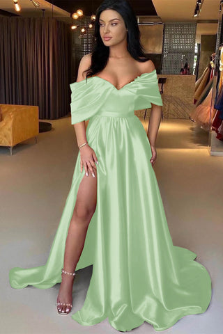 Red Long Off The Shoulder A-Line Satin Formal Prom Dress with Split