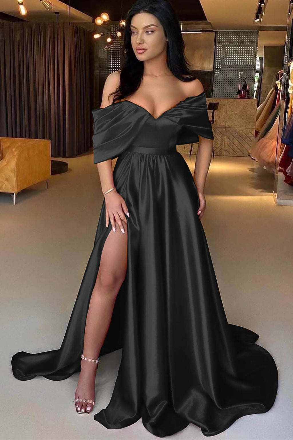 Red Long Off The Shoulder A-Line Satin Formal Prom Dress with Split