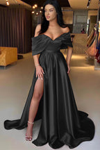 Red Long Off The Shoulder A-Line Satin Formal Prom Dress with Split