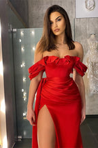 Red Off the Shoulder Long Mermaid Satin Ruffles Evening Dresses with Slit