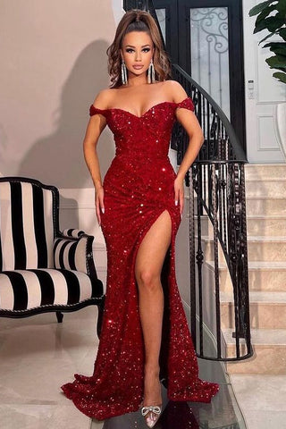 Burgundy Off-The-Shoulder Sweetheart Sequins Mermaid Evening Dress with Split