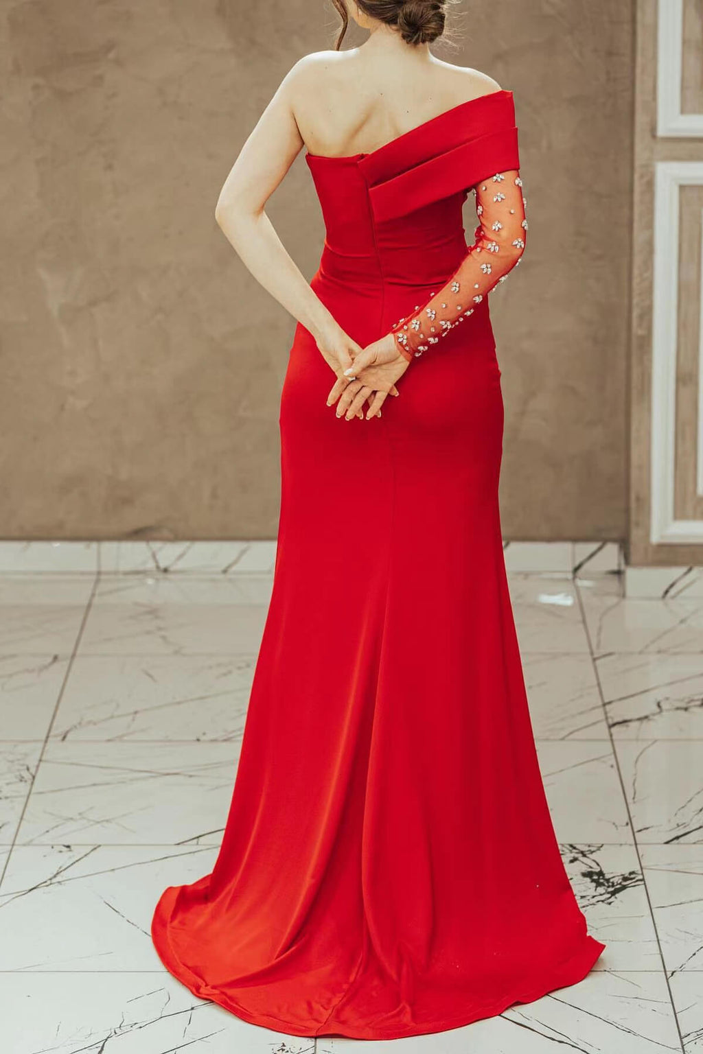 Red One-Shoulder Mermaid Prom Dress with Split and Sequins