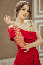 Red One-Shoulder Mermaid Prom Dress with Split and Sequins