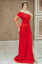 Red One-Shoulder Mermaid Prom Dress with Split and Sequins