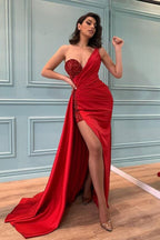 Red One Shoulder Long Satin Mermaid Evening Dresses with Slit