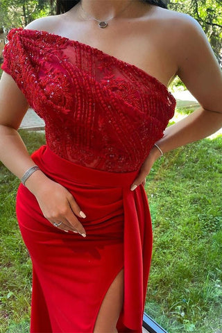 Red Long Strapless One Shoulder Sequins Mermaid Prom Dress with Split