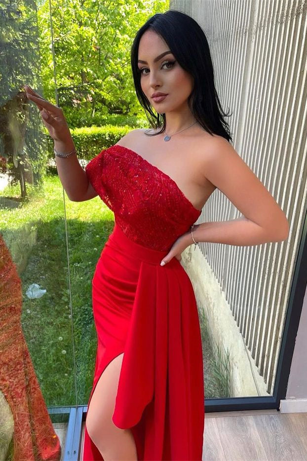 Vestido de festa comprido vermelho sem alças, com um ombro, lantejoulas, estilo sereia, com racha