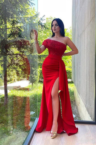 Red Long Strapless One Shoulder Sequins Mermaid Prom Dress with Split